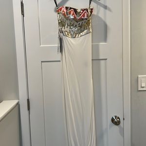 Bebe Hand Embellished Strapless Bustier Maxi Dress